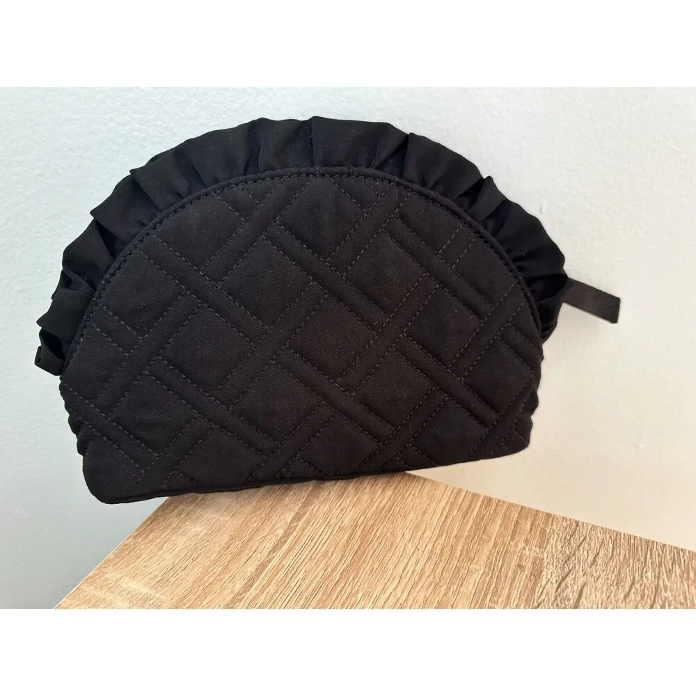 Vera Bradley Black Quilted Ruffled Cosmetics Makeup Bag Beauty Travel Pouch